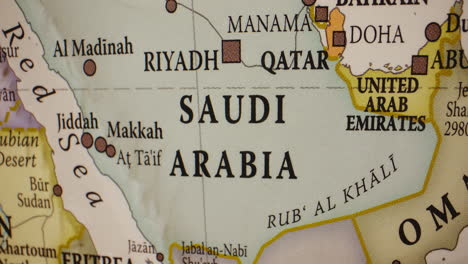 close-up view of a map centered on saudi arabia and the middle east