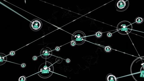 Animation-of-network-of-connections-with-icons-on-black-background