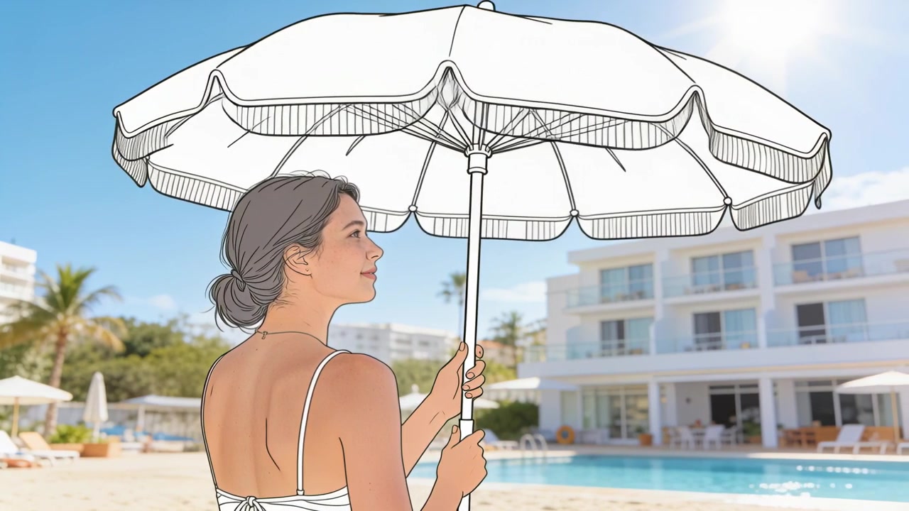 Sole splendente, una donna in costume da bagno che sistema un ombrellone bianco, posizionando la copertura per fare ombra a bordo piscina di un resort.