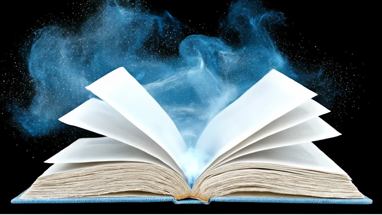 Enchanted book releasing mystical smoke. A book opens to reveal swirling blue smoke in a dark setting, creating a magical atmosphere