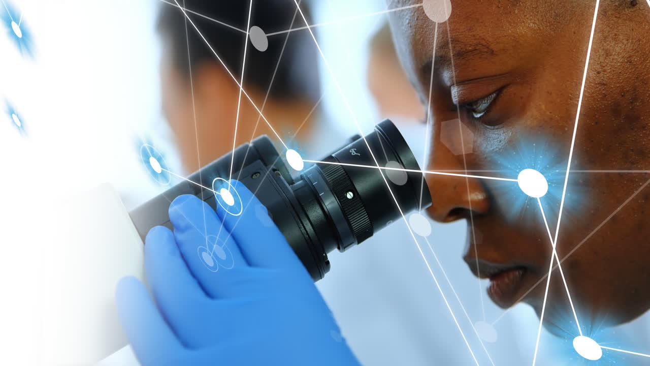 Animation of network of connections over african american female scientist using microscope