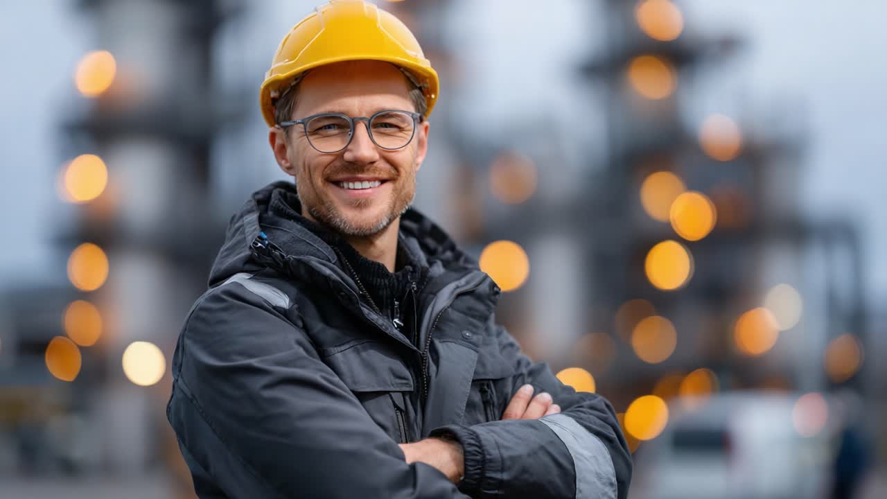 Confident Worker in Safety Gear Smiles for the Camera Against a Blurry Industrial Background, Showcasing Professionalism and Team Spirit in the Workplace