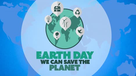 animation of earth day text and green globe logo over blue world map