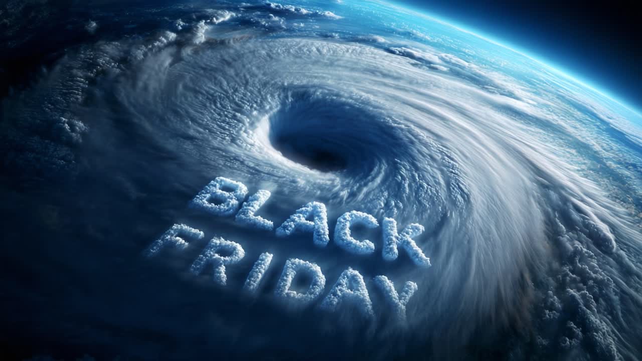A dramatic view of swirling clouds revealing the words 'Black Friday' etched into the surface of a massive cyclone, conveying the intensity and excitement of shopping deals during this major sales event
