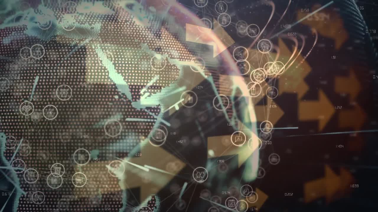 animación de iconos, luces y globo girando en espacio amarillo y negro