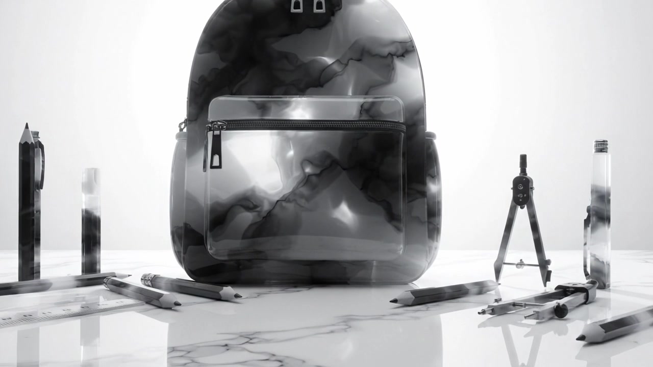Stilfuld og moderne rygsæk omgivet af papirvarer på en elegant marmoroverflade, perfekt til studerende og professionelle med en moderne æstetik.