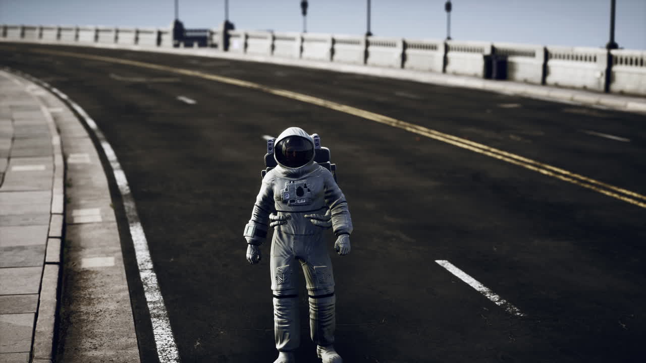 astronaut in space suit on the road bridge