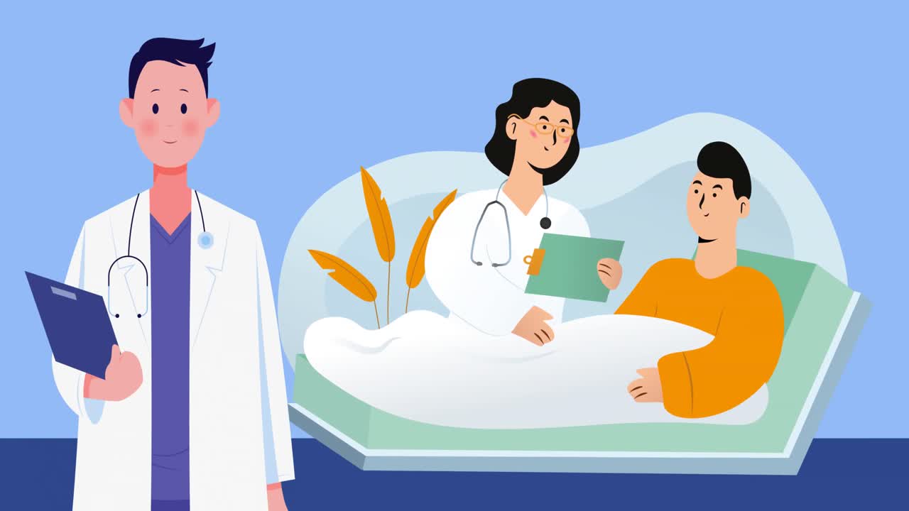 Animation of doctors with patient in hospital on blue background ...
