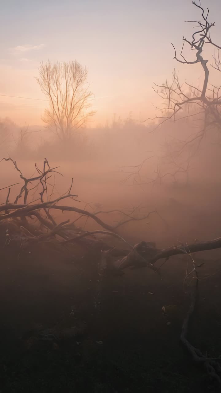 Vertical video: Rising sun behind bare tree revealing fallen branch spanning clearing, with fog