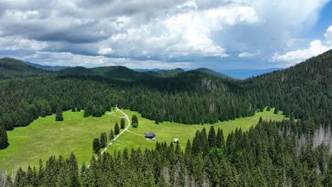 mountain hut in a forest valley