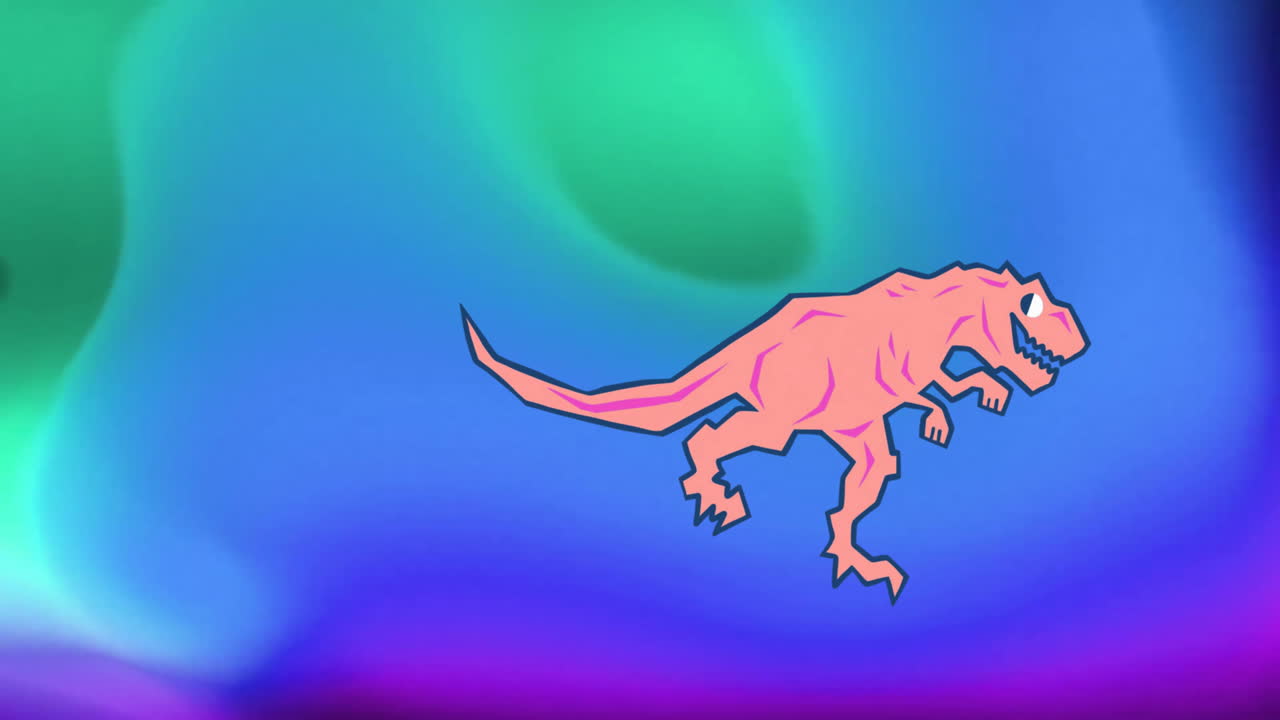 Animation of pink dinosaur over blue and green background