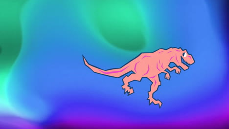 animation of pink dinosaur over blue and green background