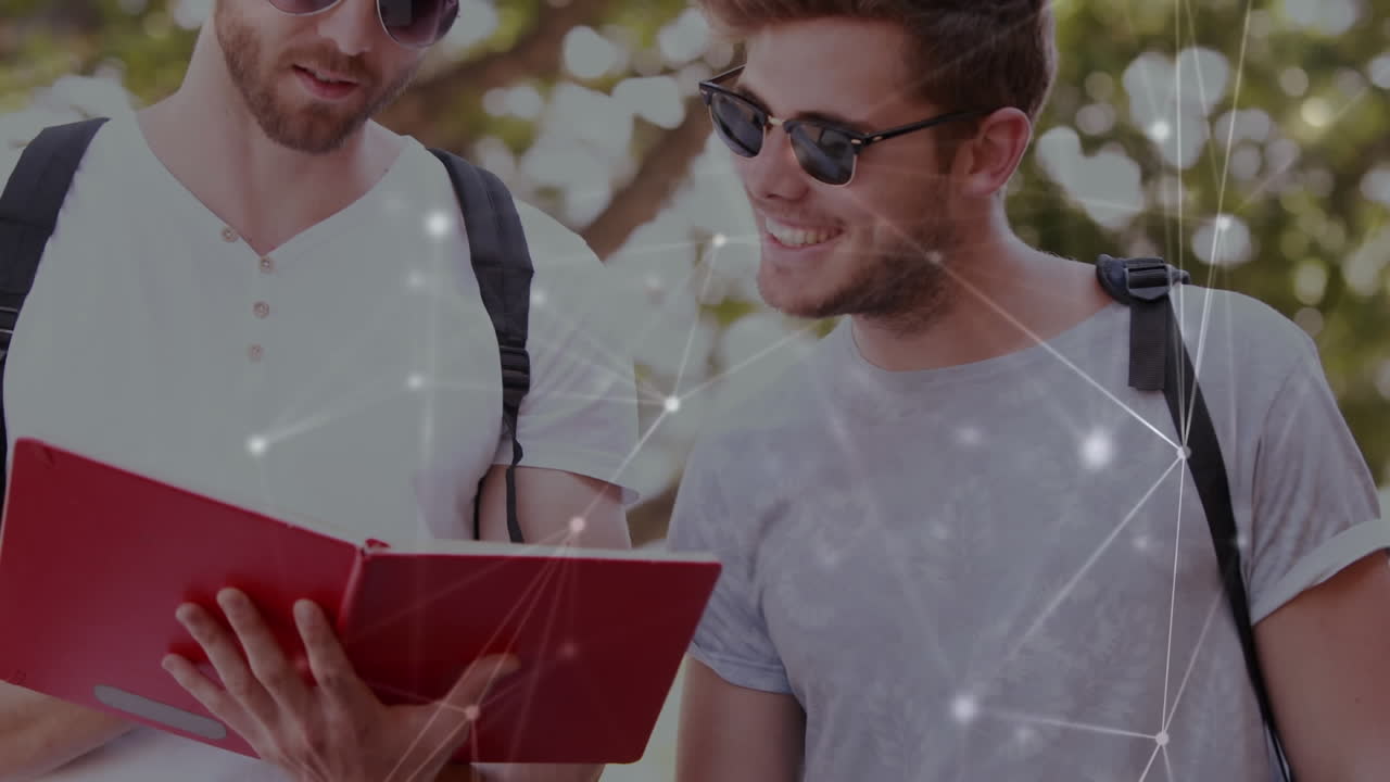 animación de la red de conexiones contra un grupo de estudiantes que leen libros en el jardín