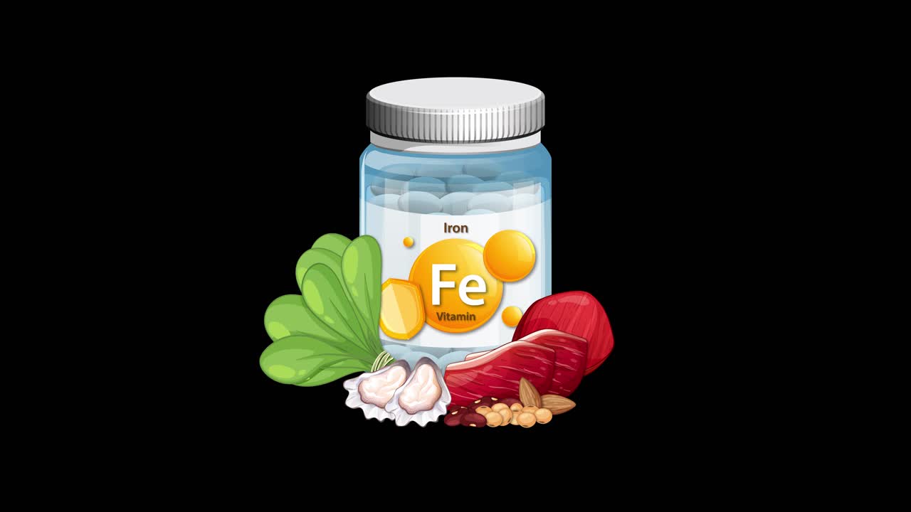 Iron supplement bottle gradually surrounded by spinach, beetroot, garlic, and nuts on black background