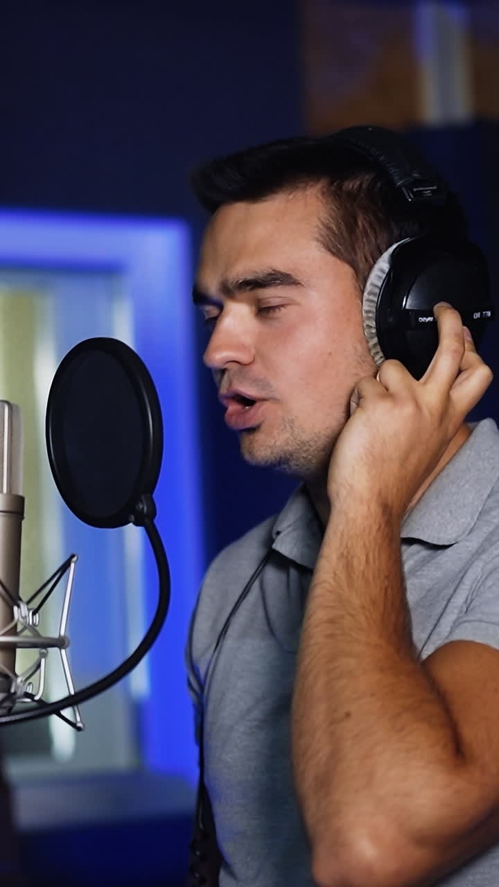 Male singer performing his song emotionally in studio. Man sings near the professional microphone holding his hand by the headphone. Vertical video