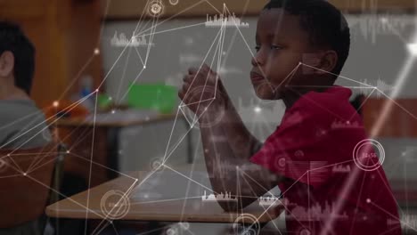 animation of network of connections over schoolboy talking