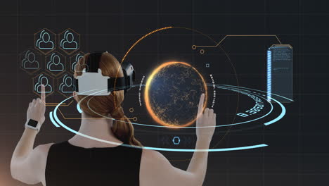 using virtual reality headset, woman interacting with digital globe and data icons