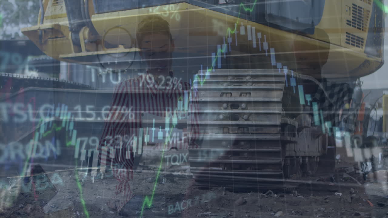 Animation of financial data processing and statistics over diverse men working in factory
