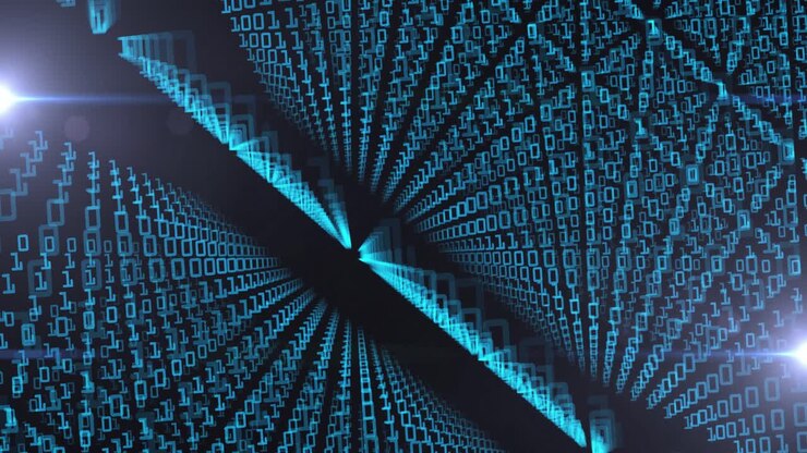 Animation einer digitalen Schnittstelle mit blauem Binärcode in Reihen