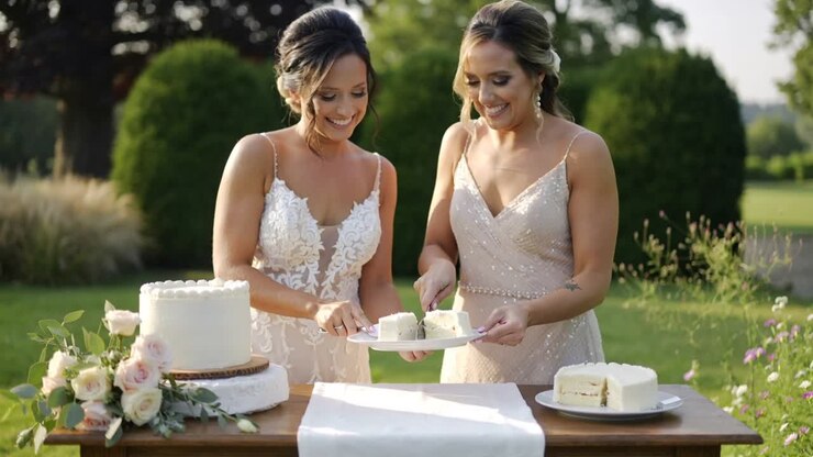 Smiling, two brides in lace, beaded gowns cutting cake on table, celebrating wedding, sharing slice