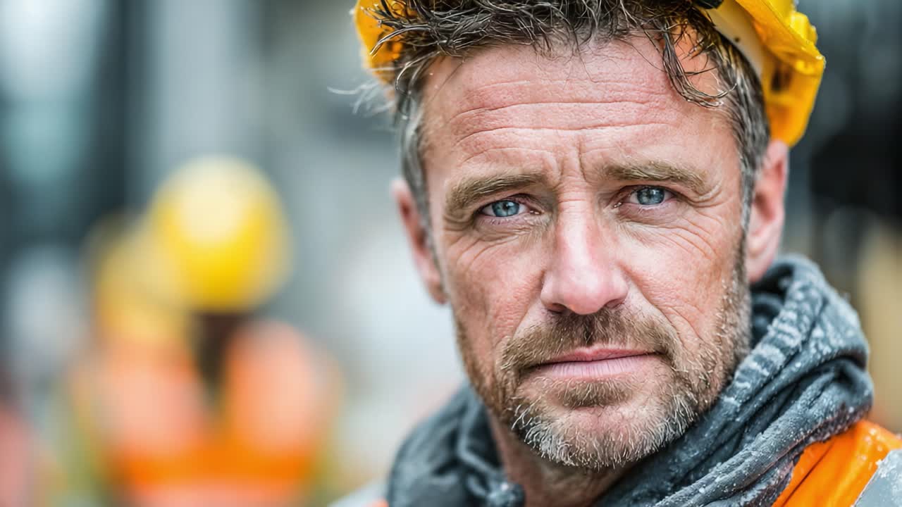 Fokuseret og målrettet bygningsarbejder med hat viser sin erfaring og dedikation til sikkerhed i et travlt arbejdsmiljø fanget i to billeder