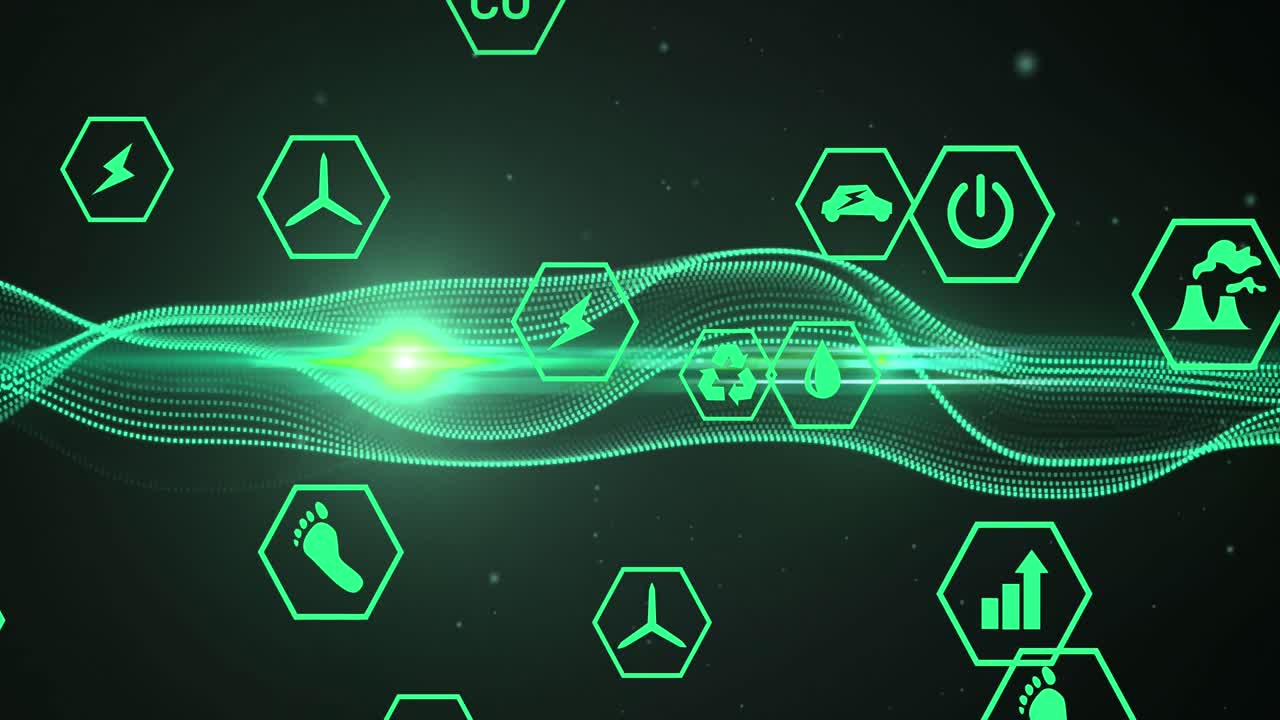 어두운 배경 위에 움직이는 초록색 파동과 아이콘의 애니메이션