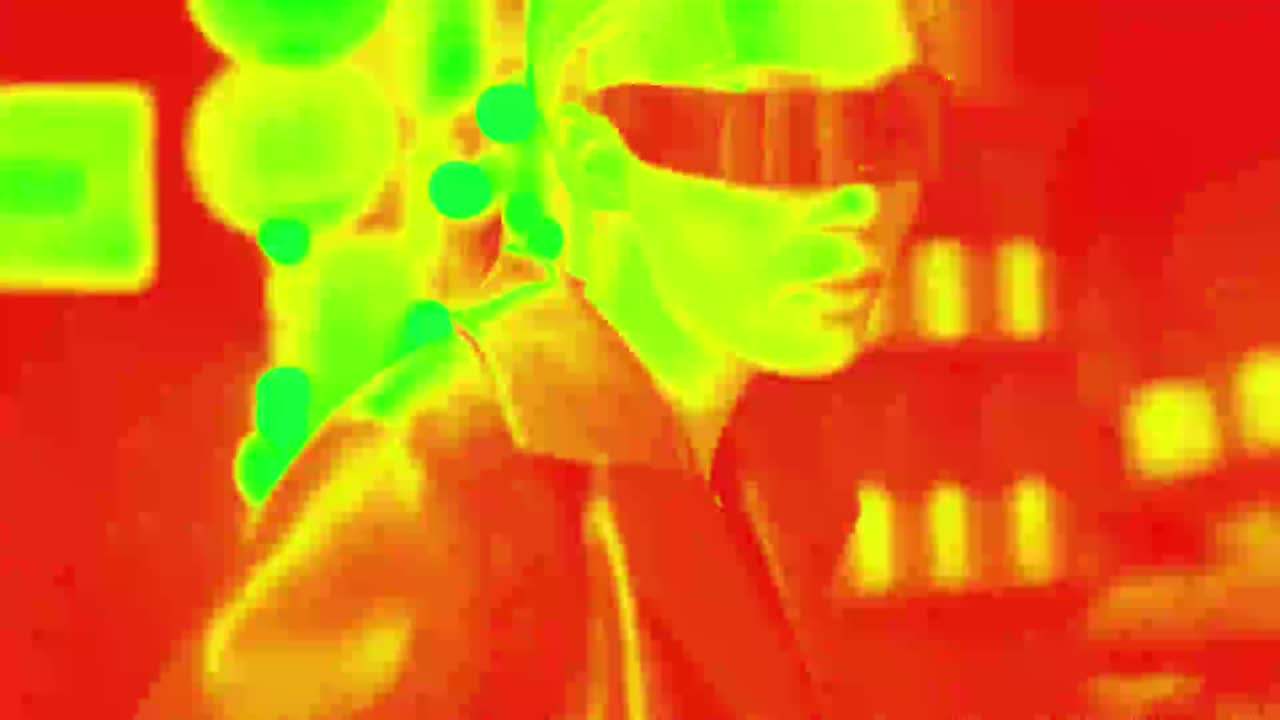 Uomo in posa con effetti futuristici termici e a colori invertiti
