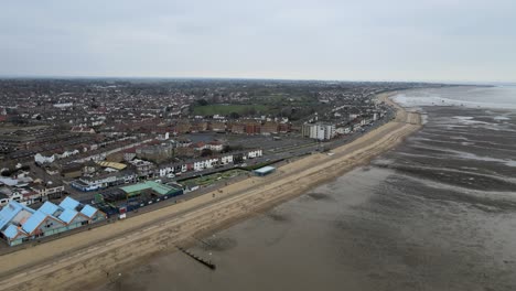 Thorpe-Bay-,-Southend-on-Sea,-Essex-beach-and-town,-England-Aerial-4K-