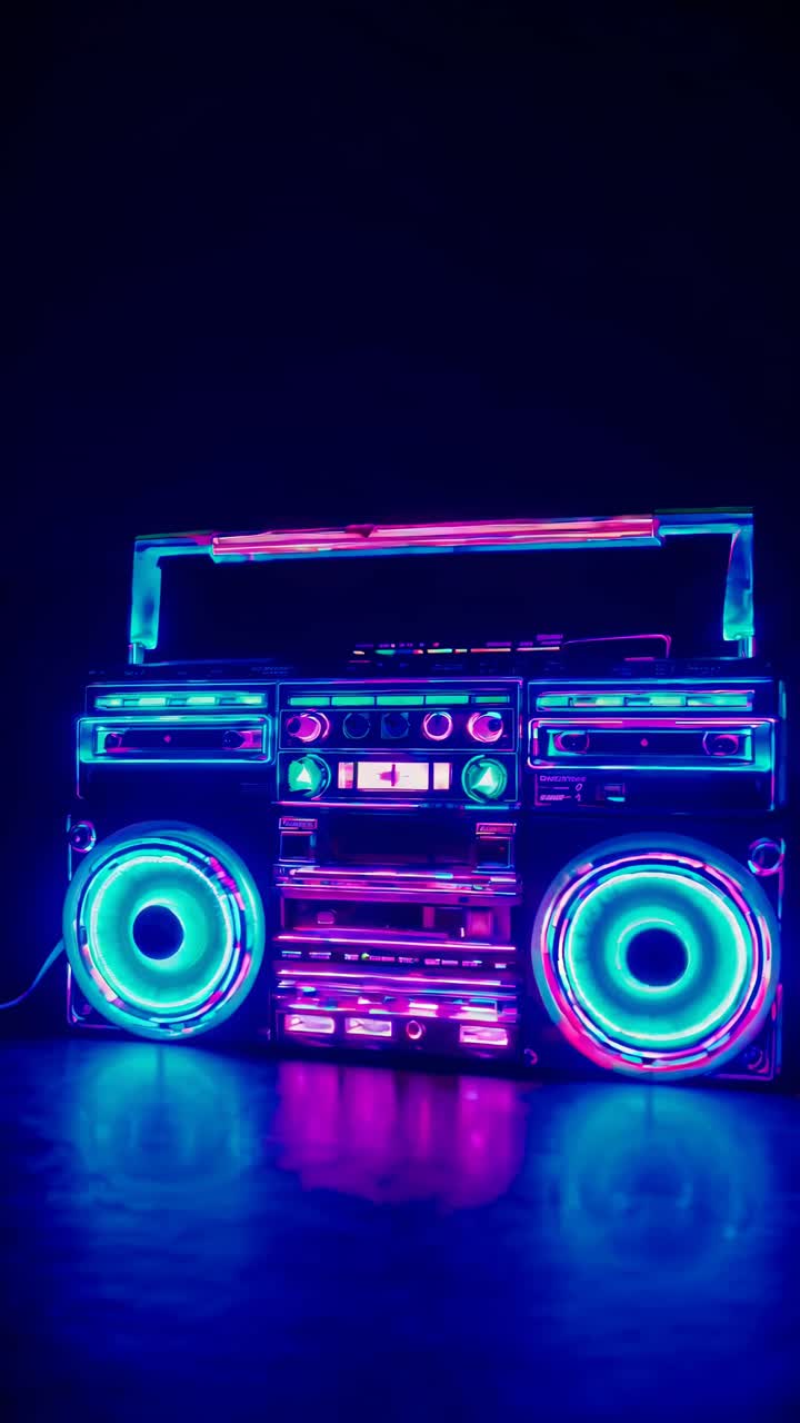 Neon-lit boombox with vibrant colors, captured from a low angle, evoking retro video vibes