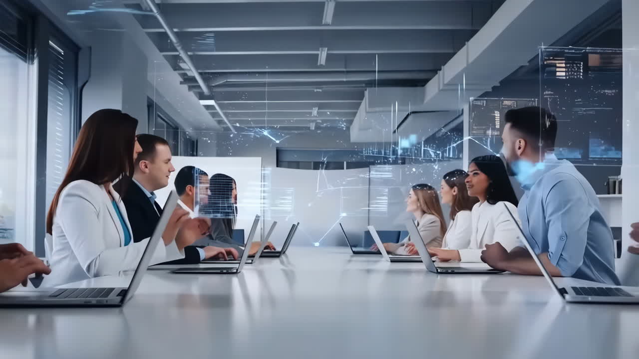 Business Professionals Collaborating in a High-Tech Meeting with Data Projections