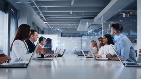 business professionals collaborating in a high-tech meeting with data projections