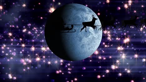 animation of santa claus in sleigh with reindeer over moon and snow falling