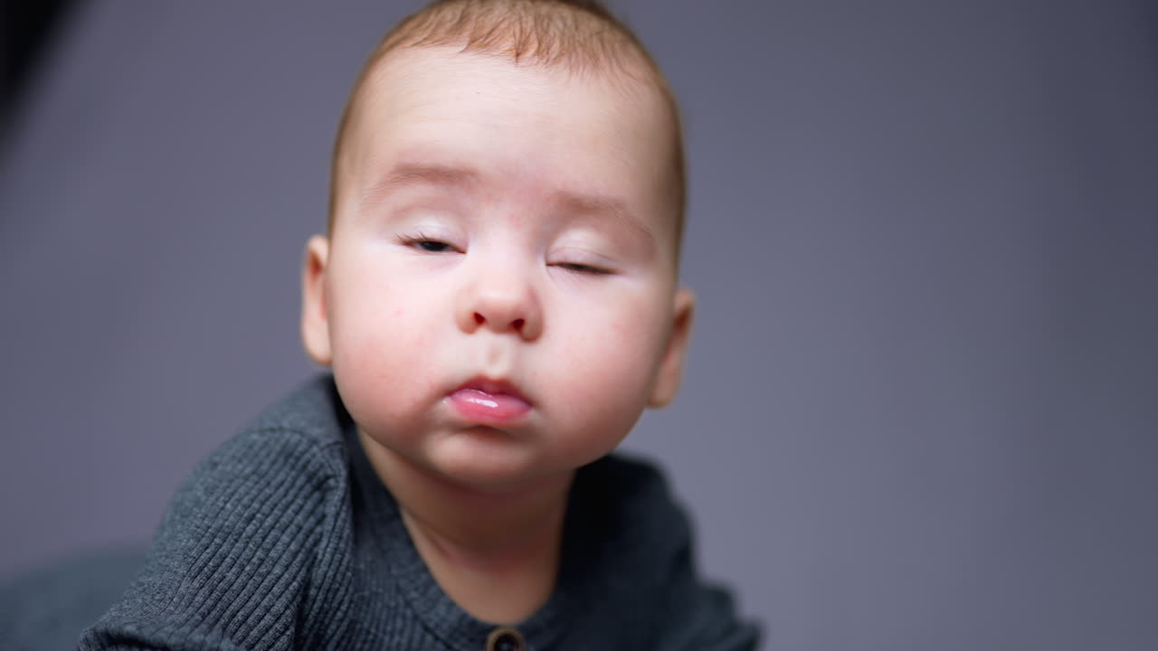 Healthy Caucasian toddler boy looks up lifting little eyebrows and smiling. Portrait of an adorable kid in grey shirt. Close up. Blurred backdrop.