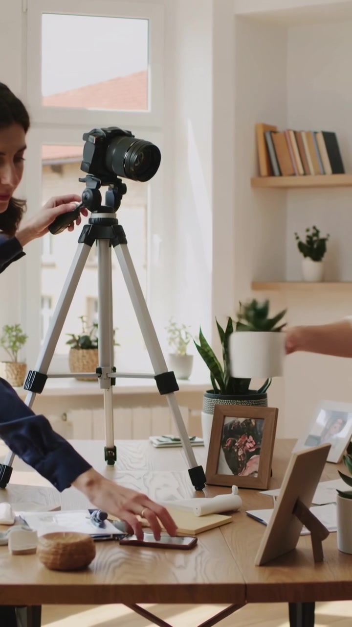 Video vertical: Preparando una sesión de fotos, una persona con top azul marino ajustando un trípode DSLR en una mesa junto a la ventana mientras arregla plantas.