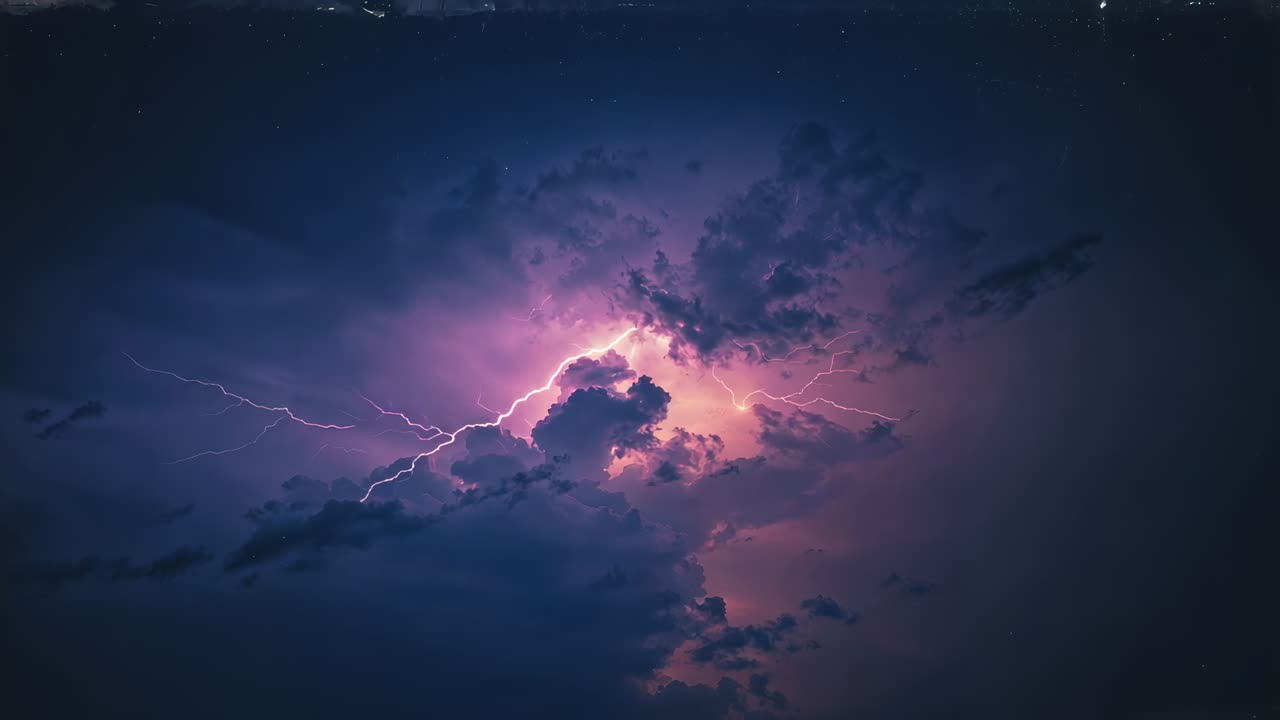 Flashing central storm cloud discharging branching lightning during storm, illuminating purple core