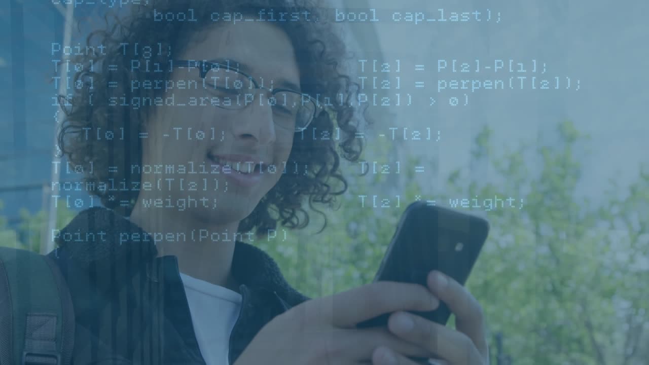 Animation of caucasian woman using smartphone over man using smartphone