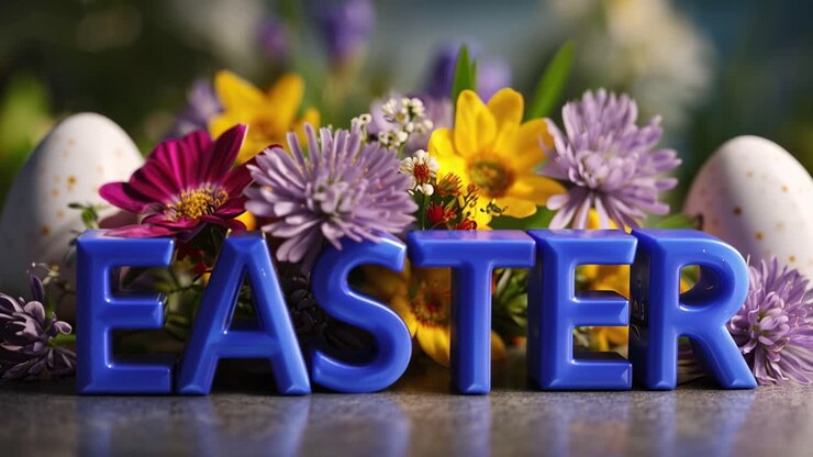 Blue letters spell "EASTER" on a table. Flowers and eggs frame the word. Bright blooms in soft focus behind. Colorful, festive, springtime vibe. Perfect for holiday promotions or greetings