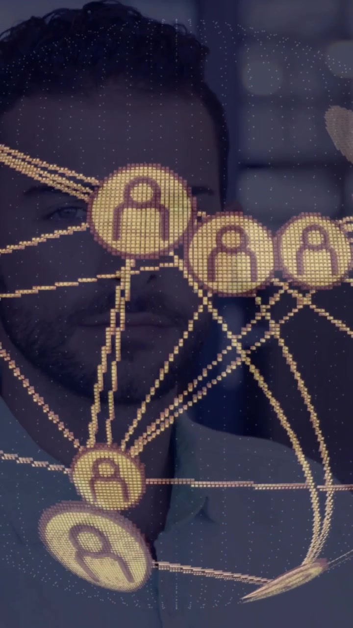 Presentation team watching main man in tie, network icons rotating over face showing business links