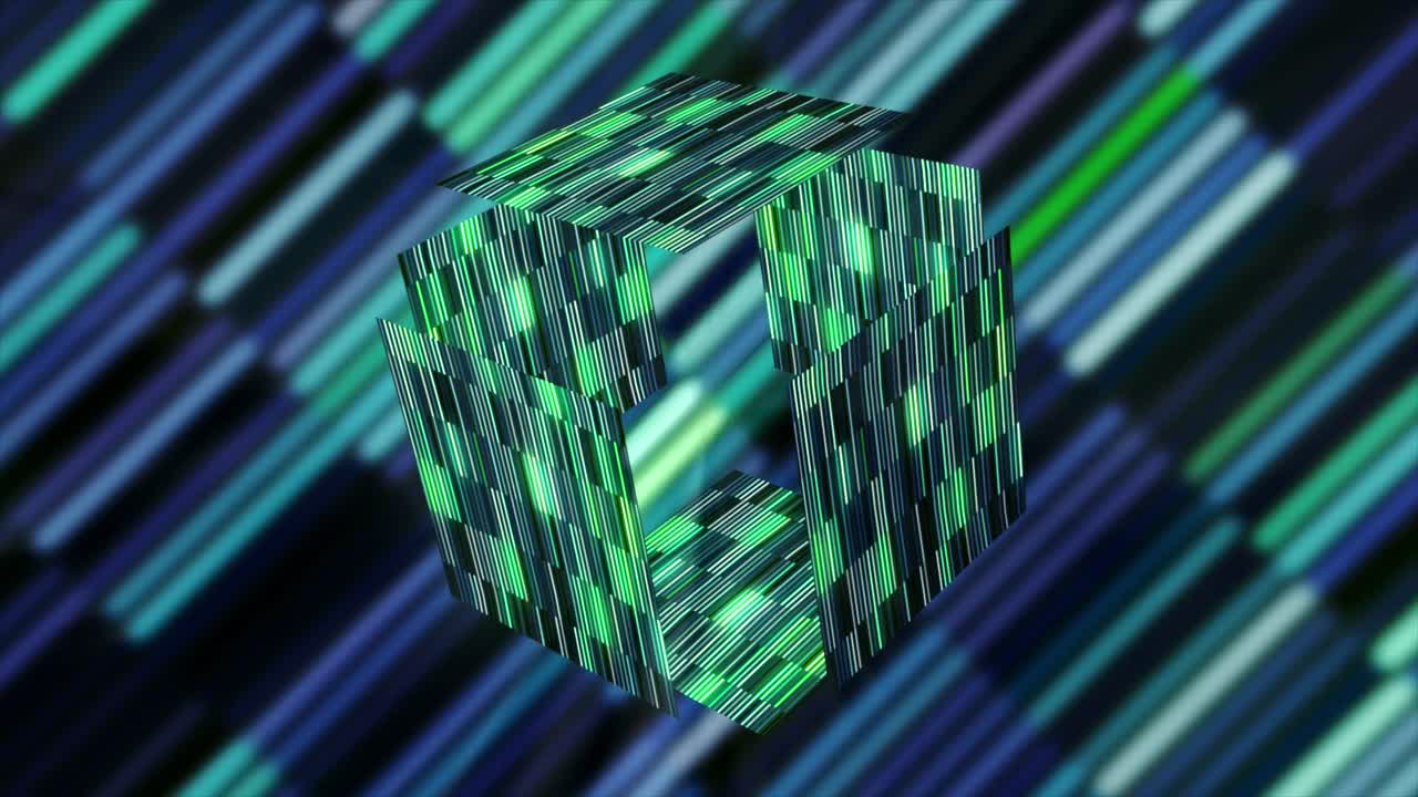 cubo 3d abstracto con líneas brillantes y formas geométricas