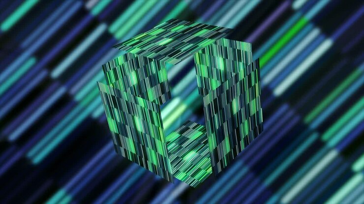 Abstrakt 3D-kube med glødende linjer og geometriske former