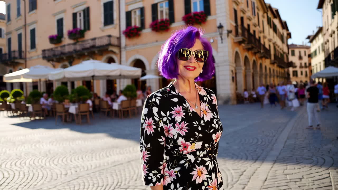 Woman with purple hair and sunglasses smiling in a European city square