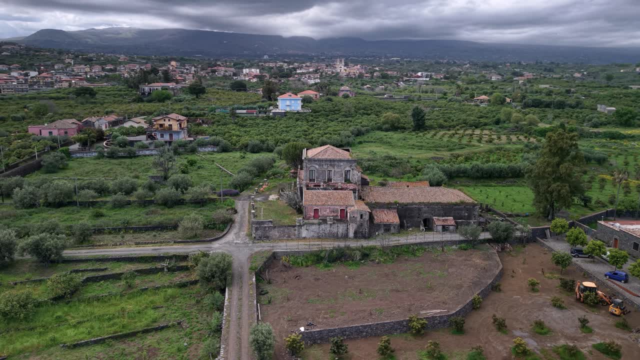 Aged Architecture Of Don Ciccio's Villa - Godfather Part II Location In Eastern Sicily, Near Acireale, Italy. Aerial Orbiting Shot