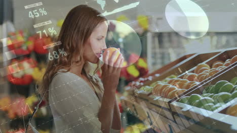 animation of financial data processing over caucasian woman shopping