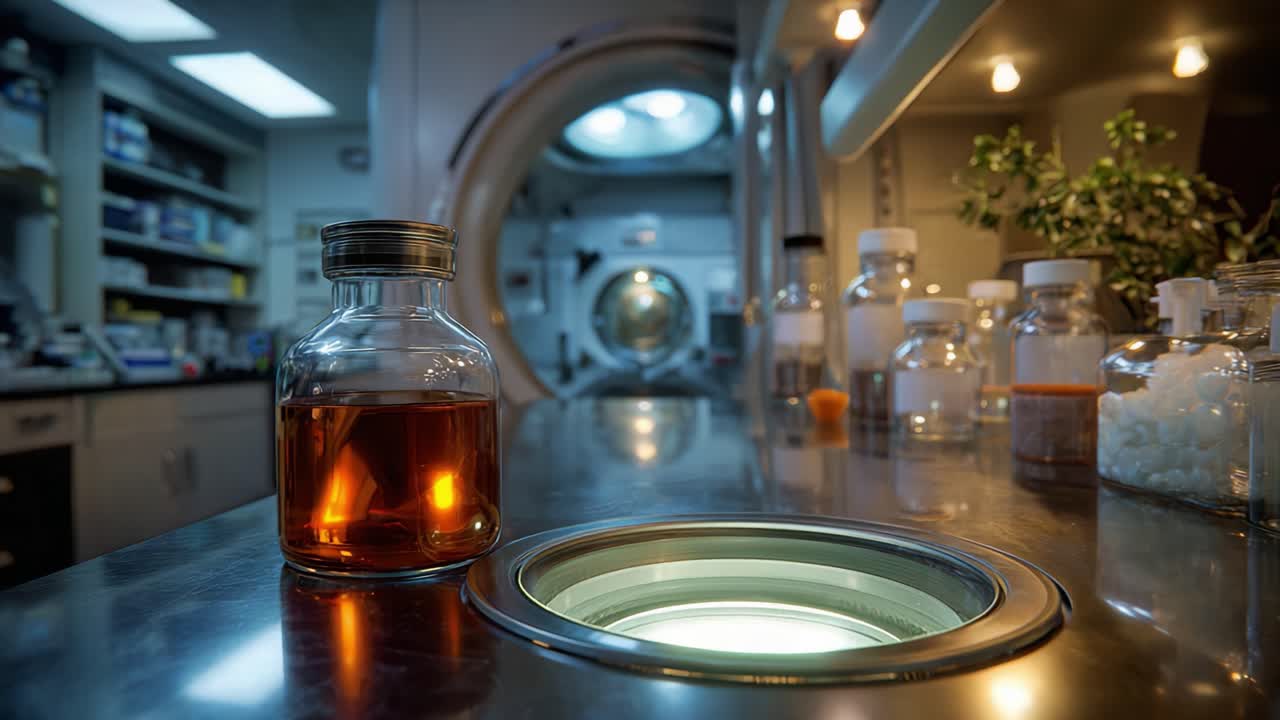 Primo piano di attrezzature da laboratorio con un barattolo trasparente di liquido su un bancone, che mette in mostra strumenti scientifici avanzati e l'ambiente in un contesto medico