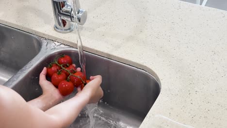 hands rinse a cluster of ripe tomatoes under a steady stream of water in a modern kitchen sink, with bright, even lighting and a stable overhead camera angle