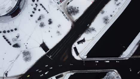 winter aerial view to circus with river in kharkiv