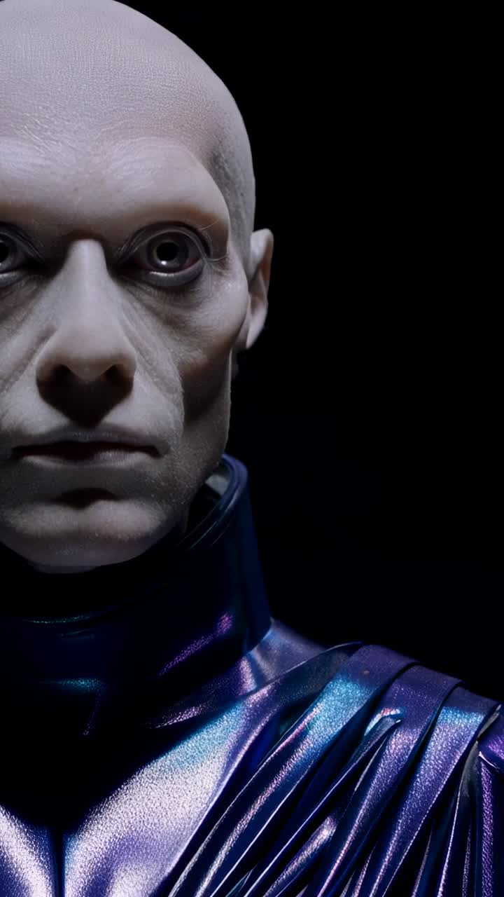 Vídeo vertical: cámara con zoom que revela un androide en un estudio, mostrando ojos vidriosos y un collar de metal