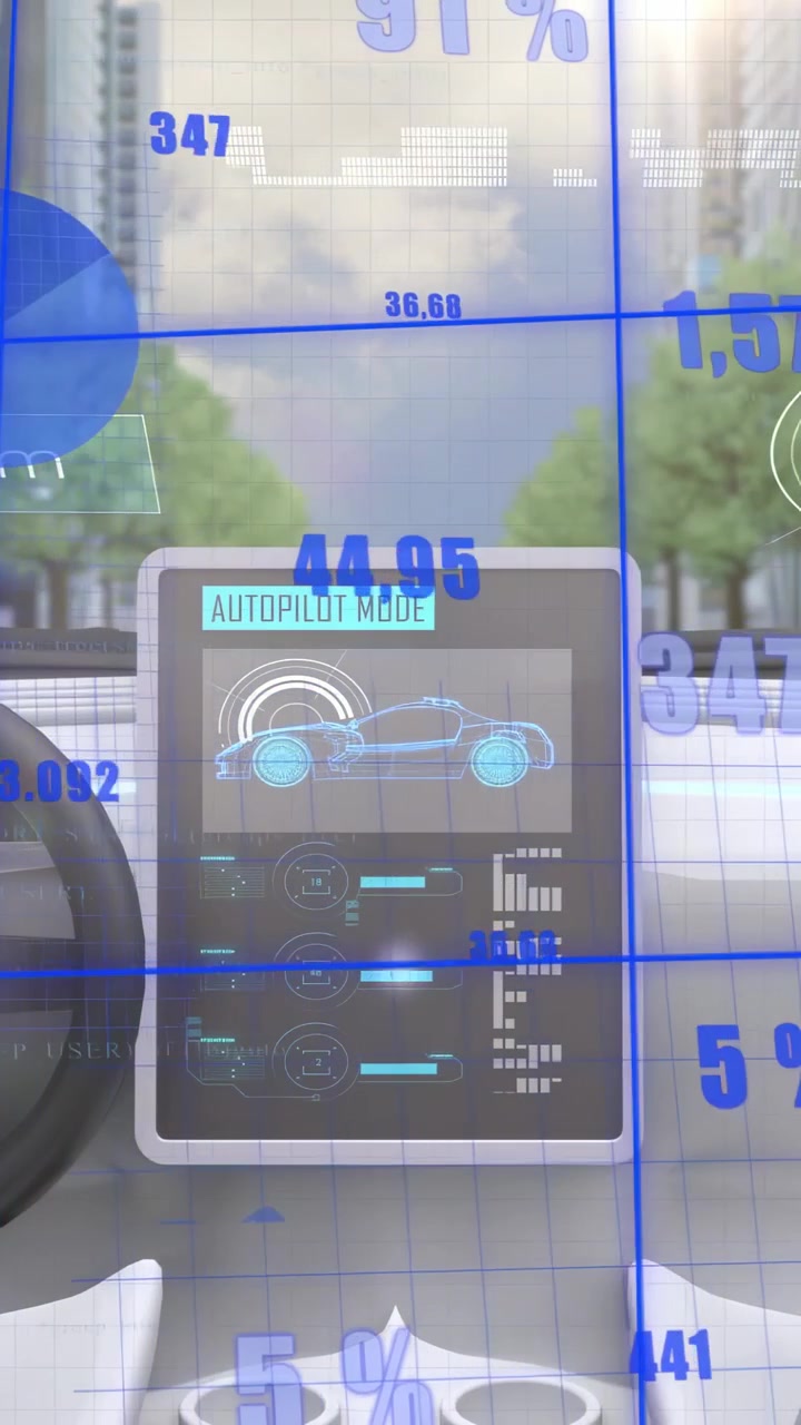 Schermo centrale che aggiorna la telemetria dell'autopilota, mostrando numeri HUD, un grafico a torta e il riflesso del sole.