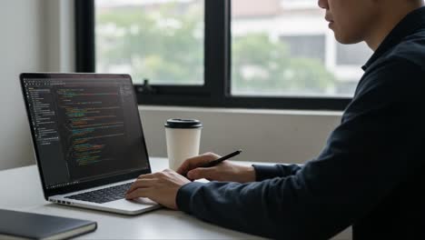 focused programmer writing code on laptop with coffee, illustrating productivity in a contemporary workspace with natural light and a comfortable atmosphere