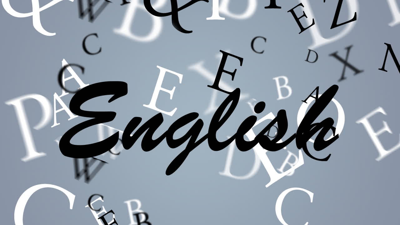 animación de texto en inglés sobre letras en fondo gris